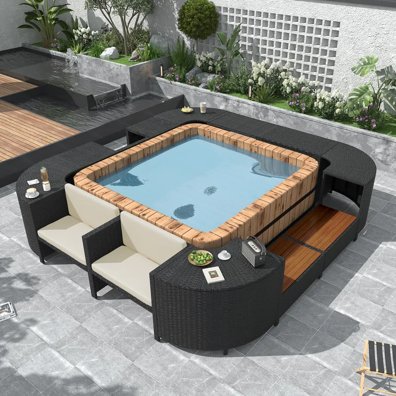 Spa Surround Spa Frame Quadrilateral Outdoor Rattan Sectional Sofa Set With Mini Sofa, Wooden Seats 