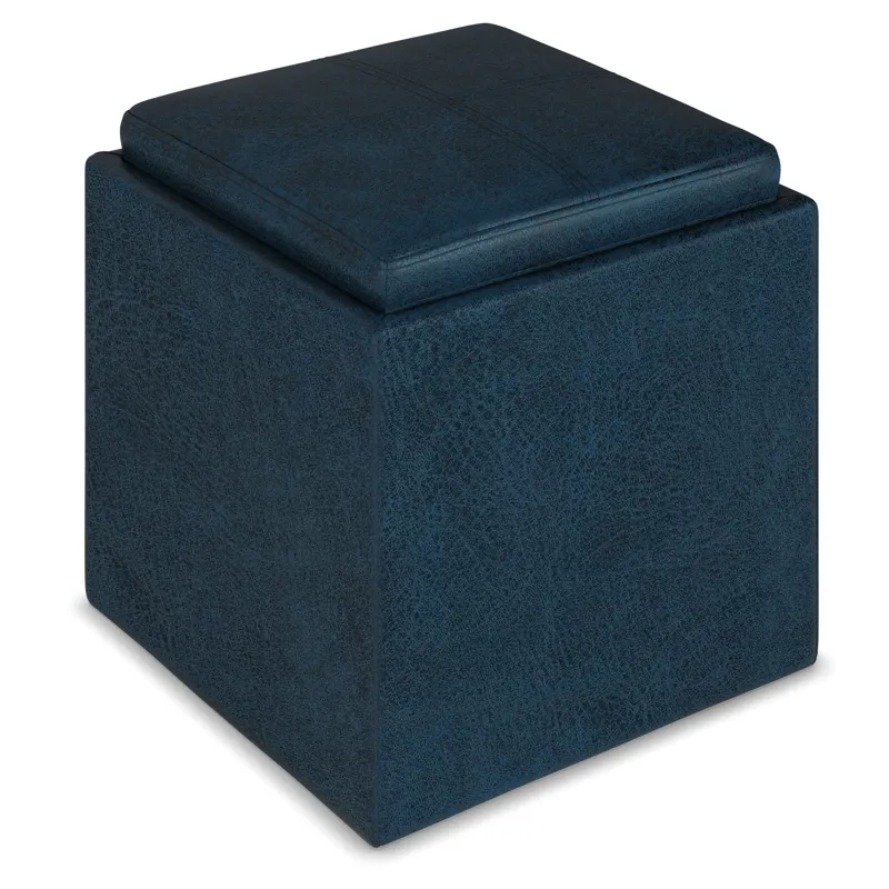 Rockwood - Cube Storage Ottoman with Tray - Distressed Dark Blue