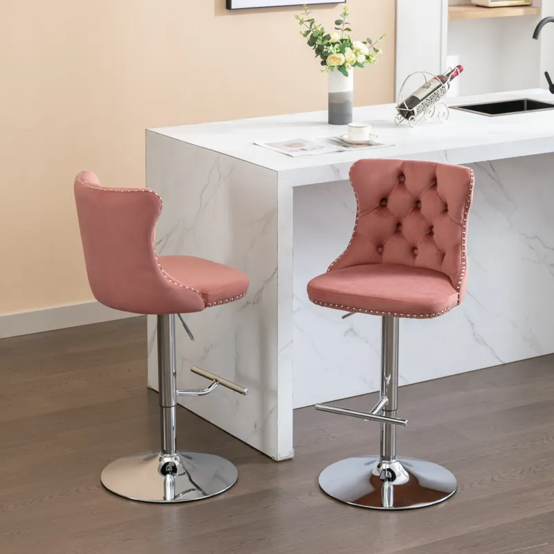 Swivel Velvet Barstools Adjusatble Seat Height From 25-33\", Modern Upholstered Chrome Base Bar Stoo