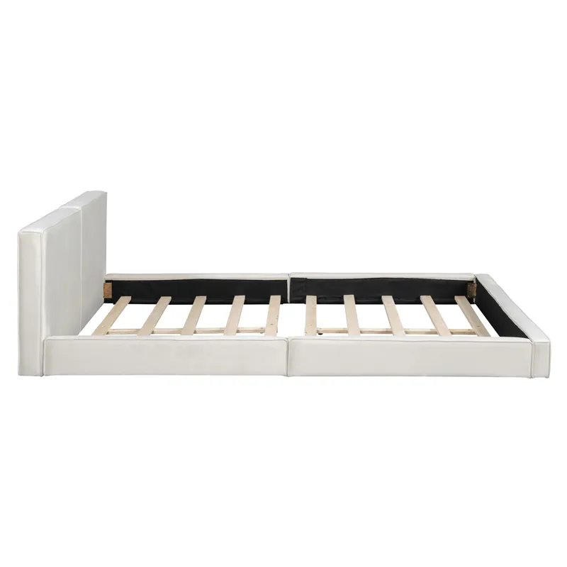 Queen Size Upholstered Platform Bed With , Grounded Bed With Solid Frame - Beige