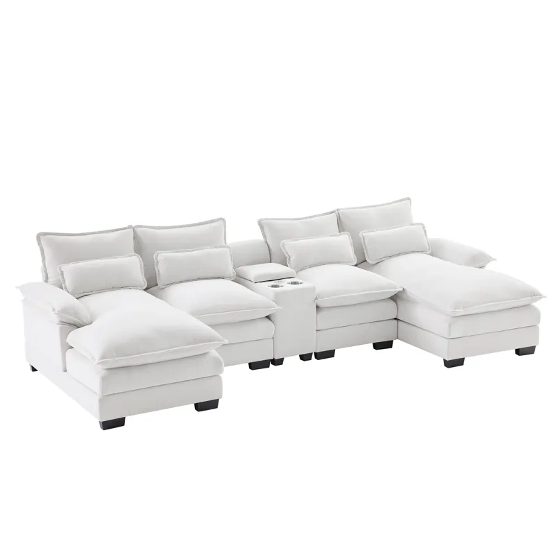 Modern U Shaped Sofa With Console, Cupholders And USB Ports, 6 Seat Upholstered Symmetrical Indoor F