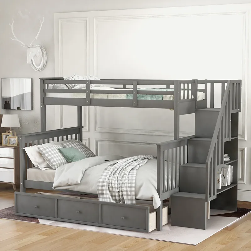 Twin Over Full Stairway Bunk Bed With Drawer, Storage And Guard Rail For Bedroom, Dorm, For Adults -