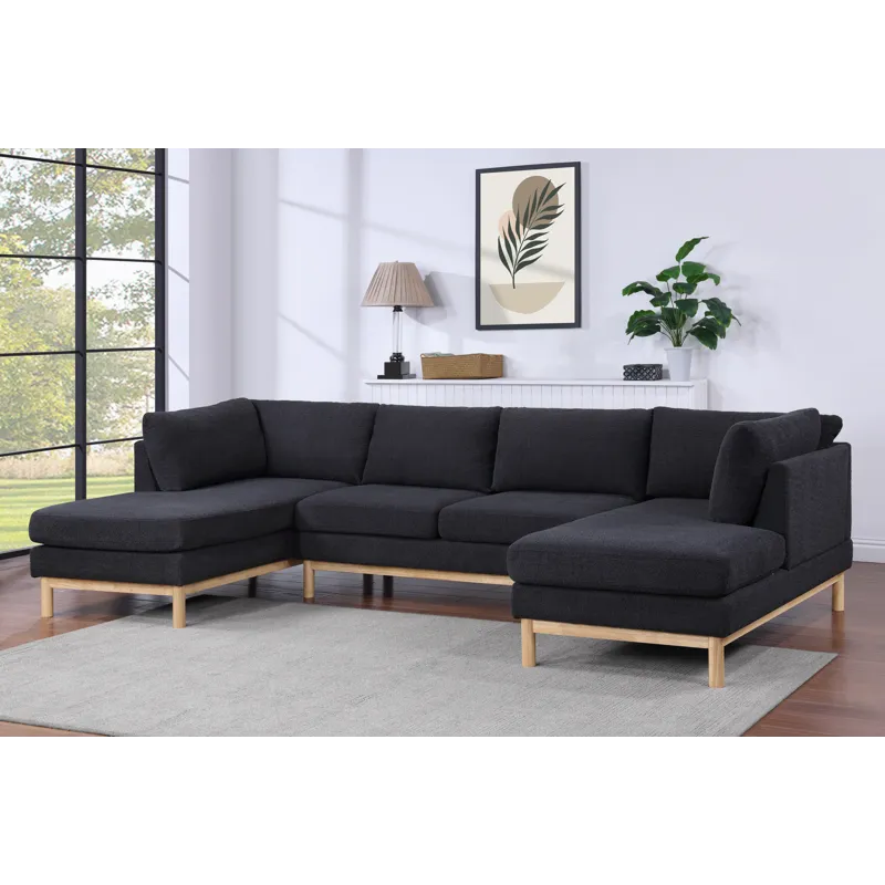 Hallie - Wide Sherpa Double Chaise U-Shape Sectional Sofa - Black
