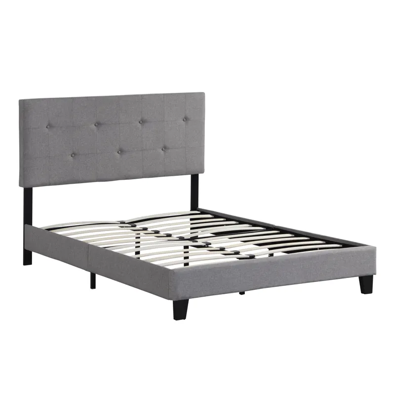 Queen Size Upholstered Platform Bed Frame With Button Tufted Linen Headboard, No Box Spring Needed, 