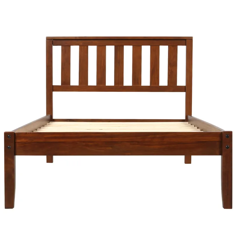 Twin Platform Bed With Headboard / Wood Slat Support - Walnut