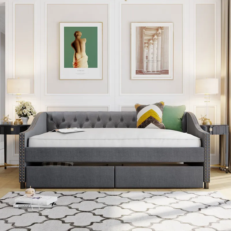 Full Size Upholstered Daybed With Two Drawers, Wood Slat Support - Gray