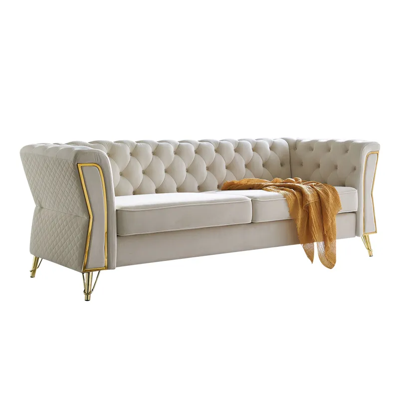 Modern Tufted Velvet Sofa For Living Room - Beige