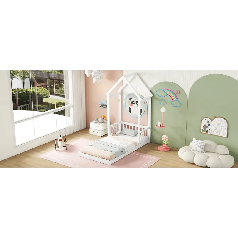 Twin House-Shaped Roof Headboard Floor Bed, (Without Slats) - White