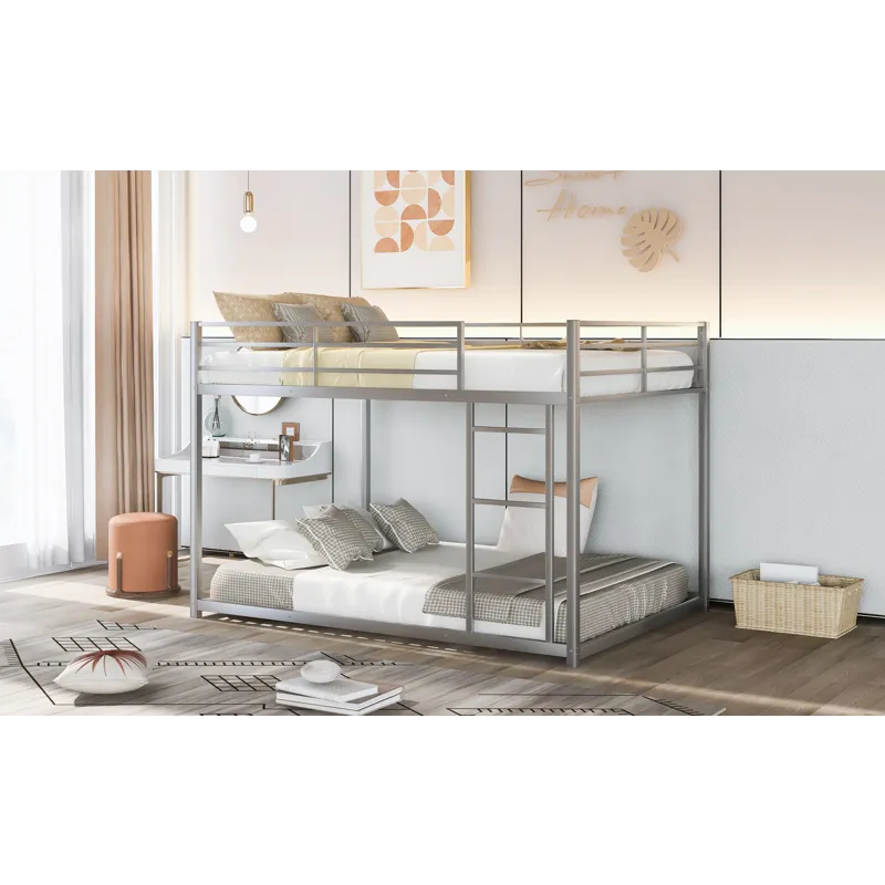 Full Over Full Metal Bunk Bed, Low Bunk Bed With Ladder - Silver