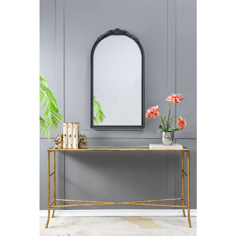 Elos Hand Carved Rose Antique Mirror Frame, Wood Arch Mirror Wall Decor For Living Room, Bathroom, E