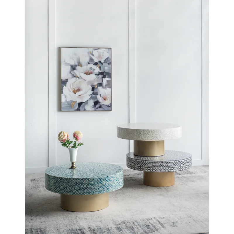 Unique Capiz Coffee Table With Pedestal Base - Gray / Ivory / Gold