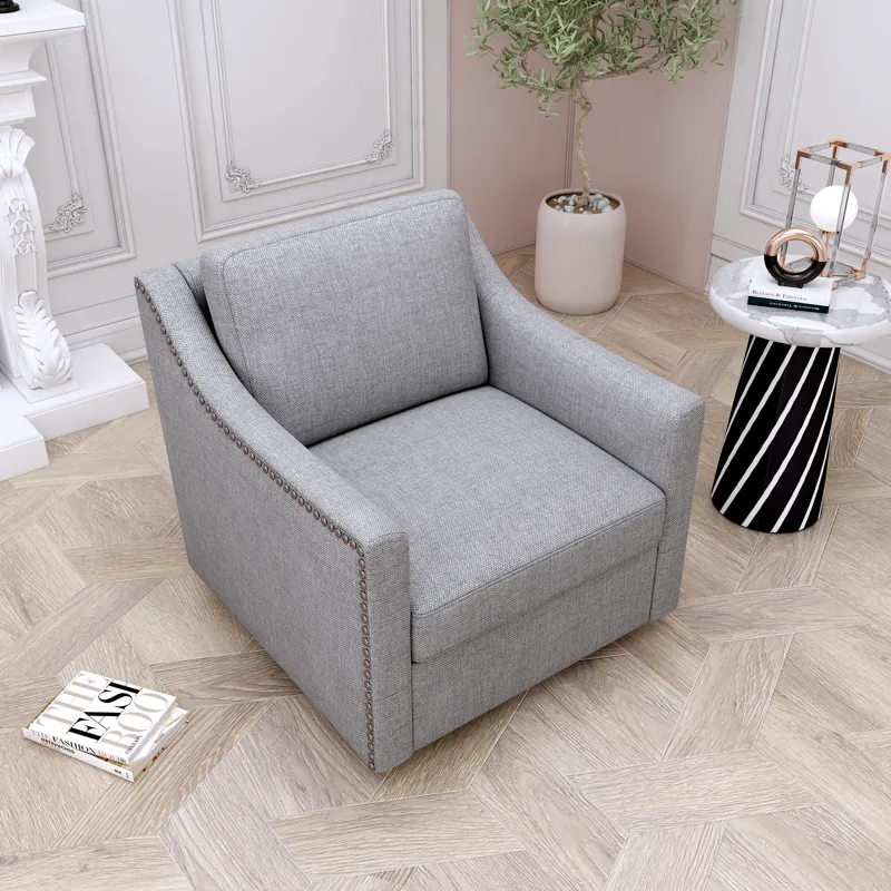 360 Degree Swivel Armchair Cotton Linen Skin-Friendly Fabric Ergonomic Design Brass Nail Decorative 