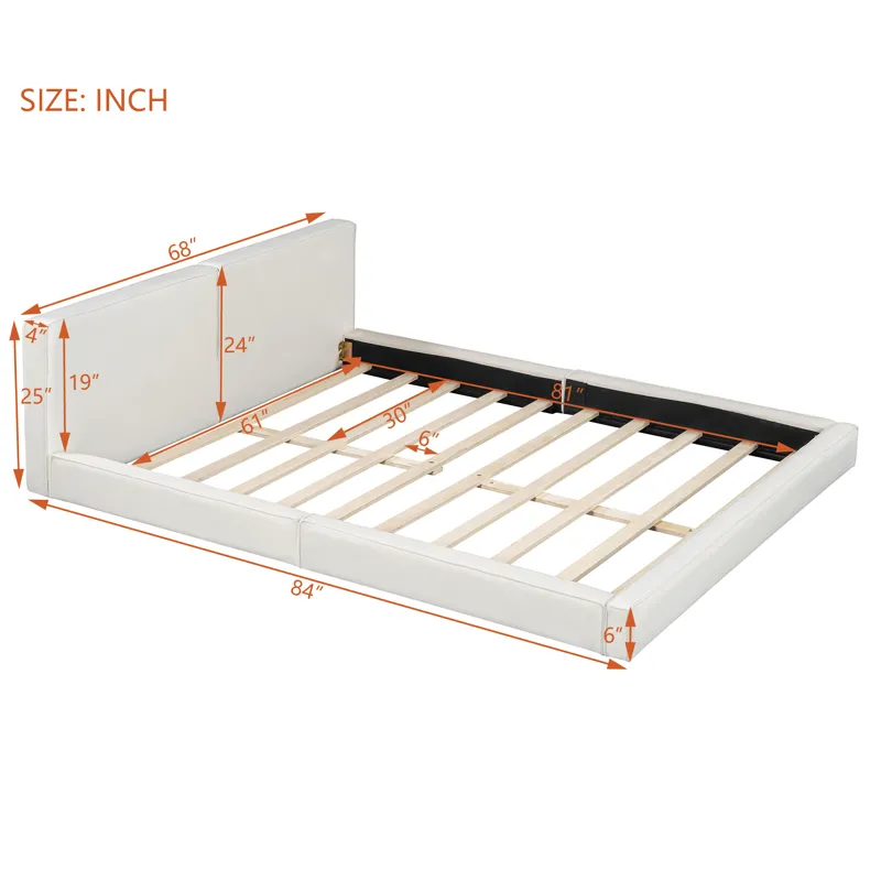 Queen Size Upholstered Platform Bed With , Grounded Bed With Solid Frame - Beige