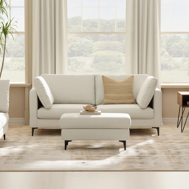 Ava - 76\" Mid Century Sofa with Ottoman Set - Cream