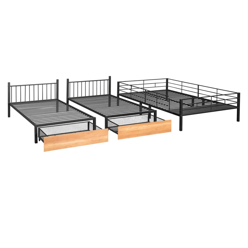 Full Over Twin & Twin Bunk Bed, Metal Triple Bunk Bed With Drawers And Guardrails - Black