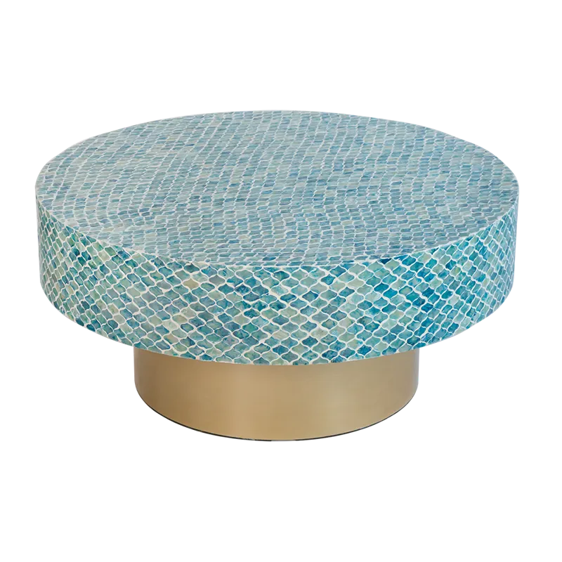 Unique Hyperion Capiz Inlay Drum Coffee Table With Gold Pedestal Base - Multi