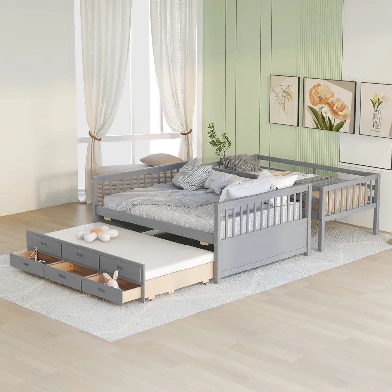 Twin Over Full Bunk Bed With Twin Size Trundle, Separable Bunk Bed With Drawers For Bedroom - Gray