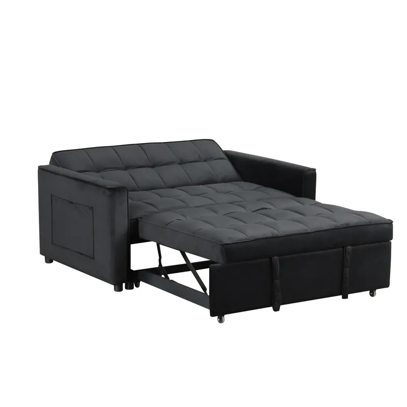 Maeve - 53.5\"W Black Velvet Convertible Sleeper Loveseat With Tufting and Side Pocket