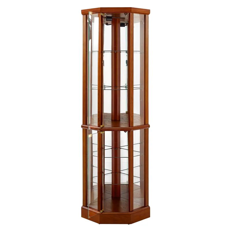 6 Shelf Lighted Corner Curio Cabinet With Adjustable Tempered Glass Shelves And Mirror Back (E26 Lig