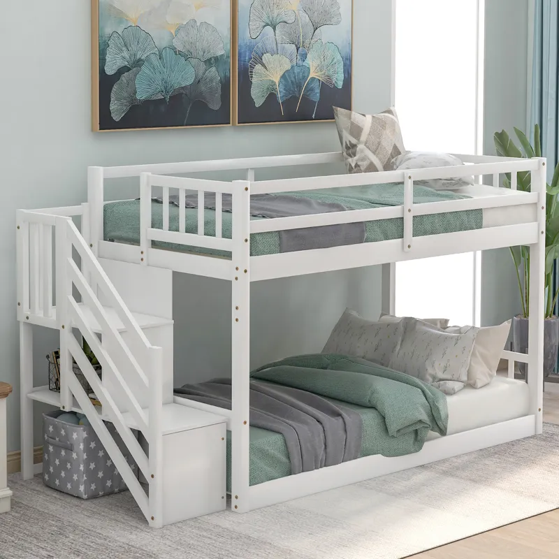 Twin Over Twin Floor Bunk Bed, Ladder With Storage - White