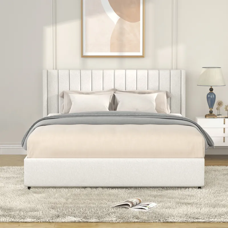 Anda - Queen Boucle Upholstered Platform Bed With Patented 4 Drawers Storage - Ivory