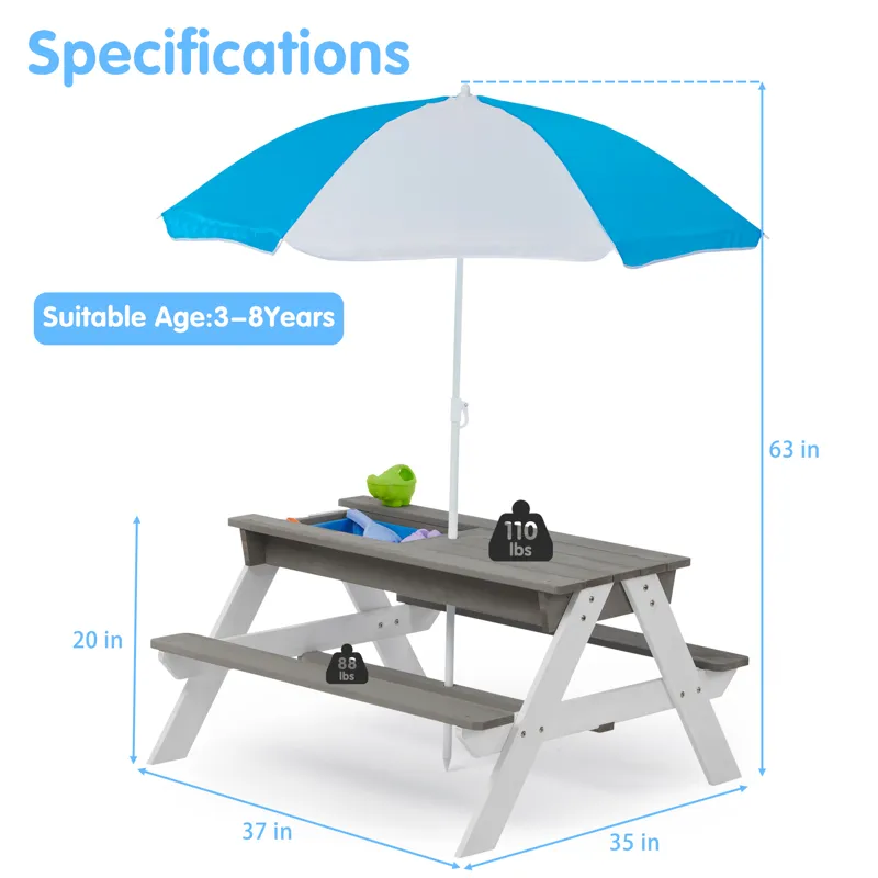3-In-1 Kids Outdoor Wooden Picnic Table With Umbrella, Convertible Sand & Water, ASTM & CPSIA Certif