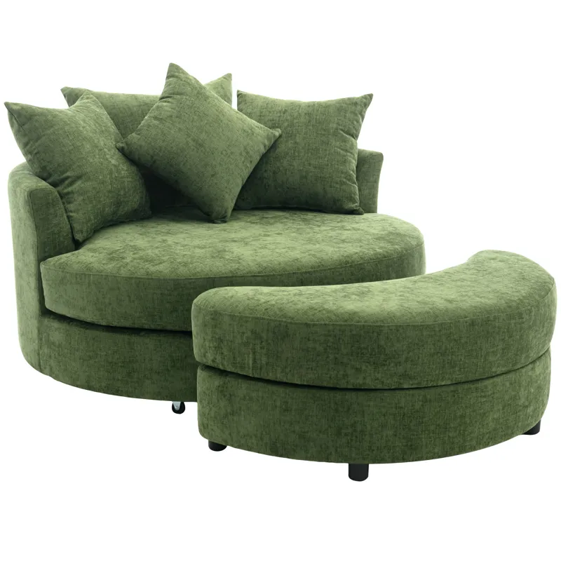 360° Swivel Accent Barrel Chair With Storage Ottoman & 4 Pillows, Modern Chenille Leisure Chair Roun