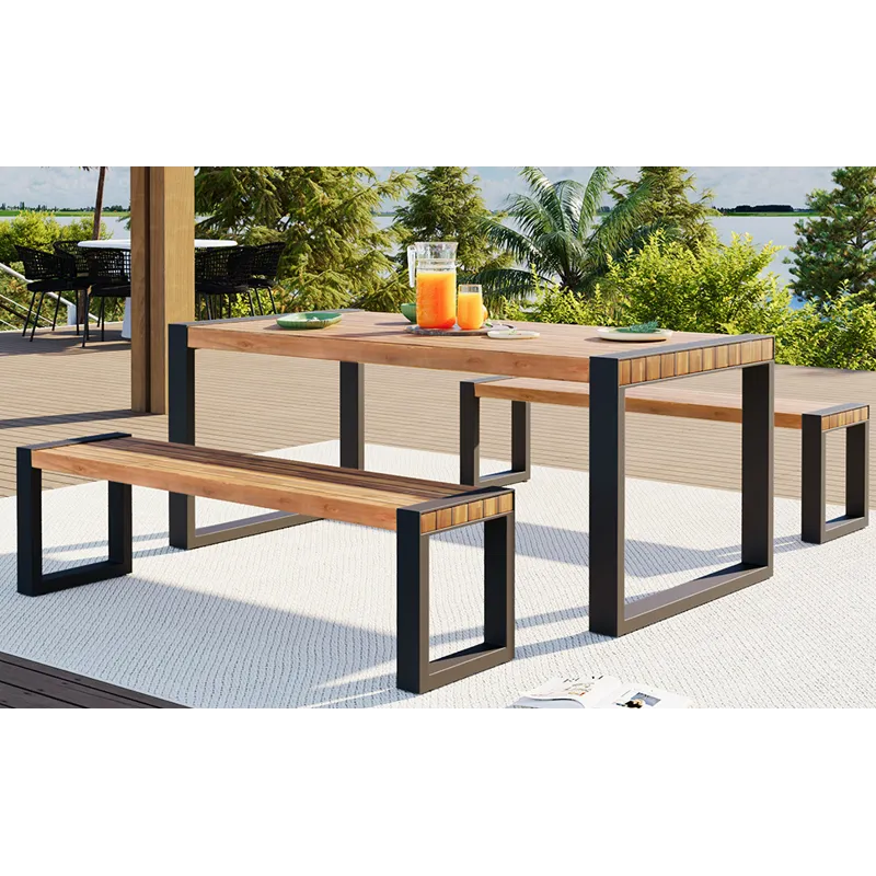 3 Pieces Outdoor Dining Table With 2 Benches, Patio Dining Set With Unique Top Texture, Acacia Wood 