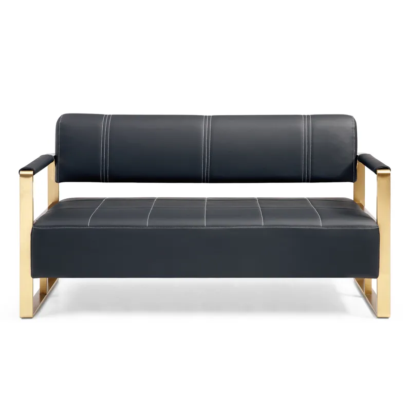 Modern Upholstery Accent Loveseat Sofa For Living Room 2 Seater With Golden Metal Arms - Black