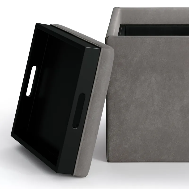 Rockwood - Cube Storage Ottoman with Tray - Distressed Slate Grey