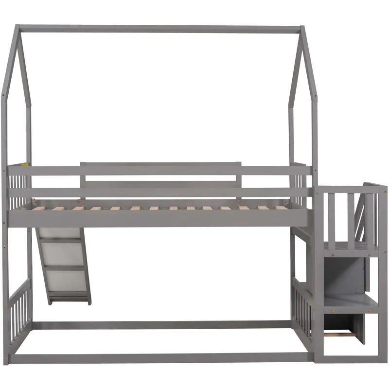Twin Over Twin House Bunk Bed With Convertible Slide, Storage Staircase Can Be Placed Left Or Right 
