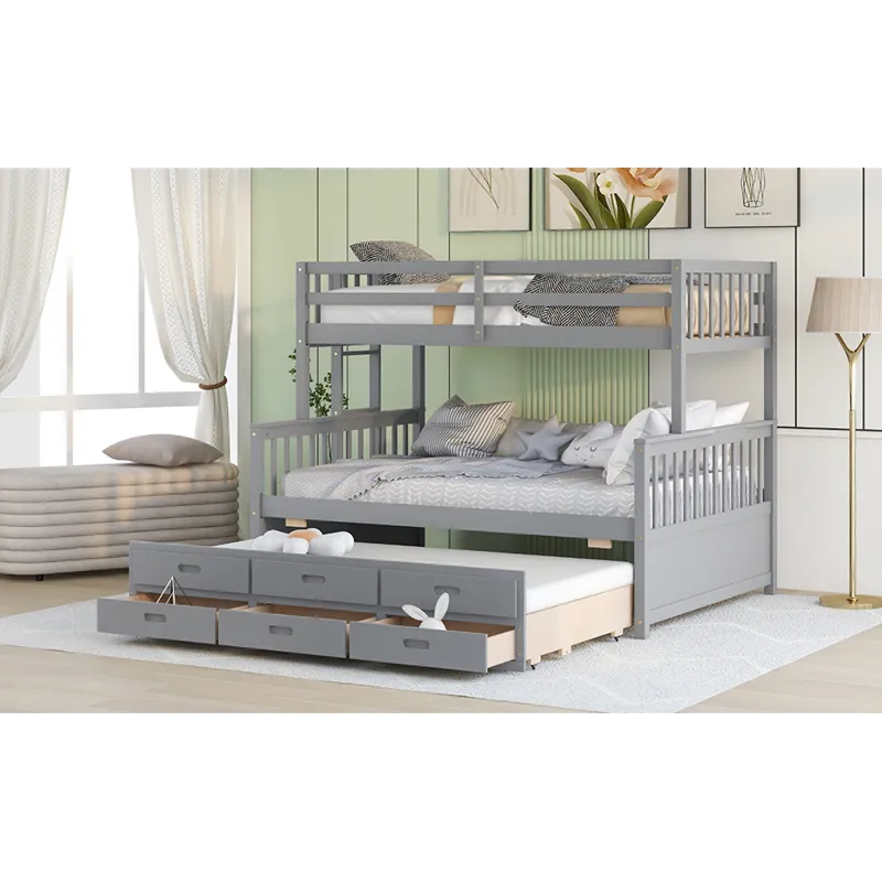 Twin Over Full Bunk Bed With Twin Size Trundle, Separable Bunk Bed With Drawers For Bedroom - Gray