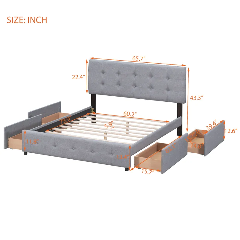 Queen Size Upholstered Platform Bed With Classic Headboard And 4 Drawers, No Box Spring Needed - Lig