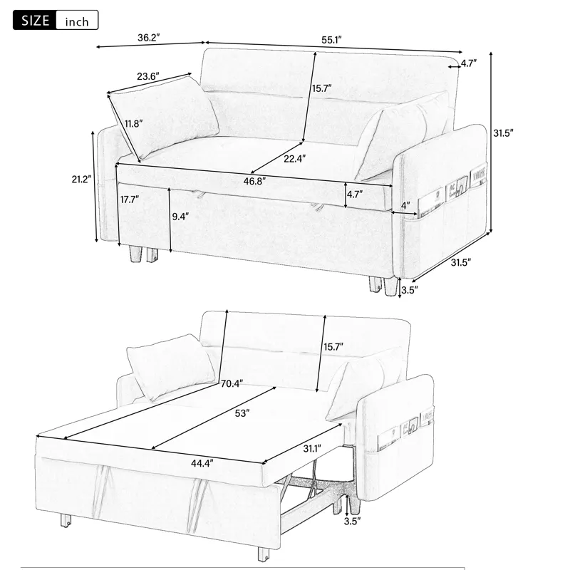 Pull Out Sleep Sofa Bed Loveseats Sofa Couch With Adjsutable Backrest, Storage Pockets, 2 Soft Pillo