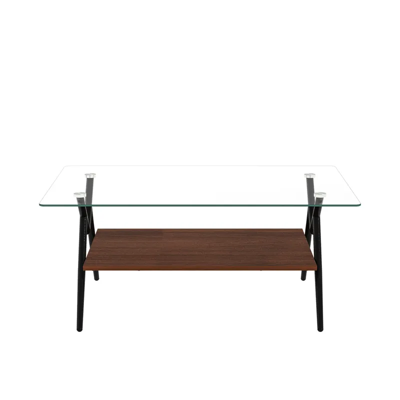 Rectangle Coffee Table With Tempered Glass Top And Metal Legs, Modern Table For Living Room, Transpa