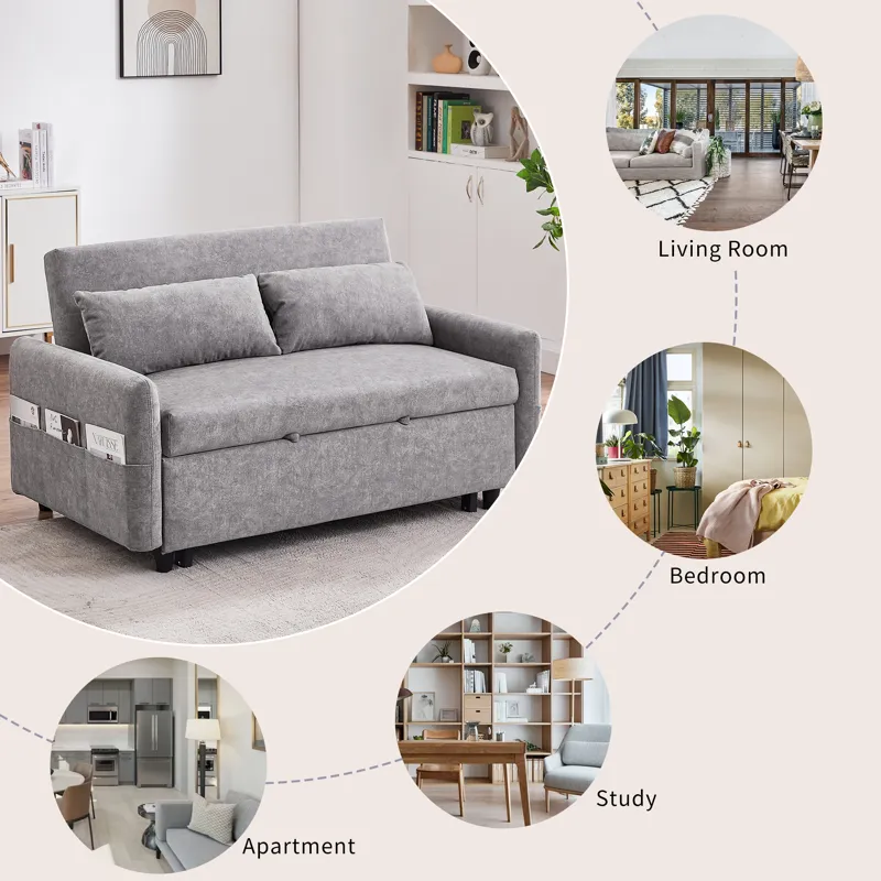 Pull Out Sleep Sofa Bed Loveseats Sofa Couch With Adjsutable Backrest, Storage Pockets, 2 Soft Pillo
