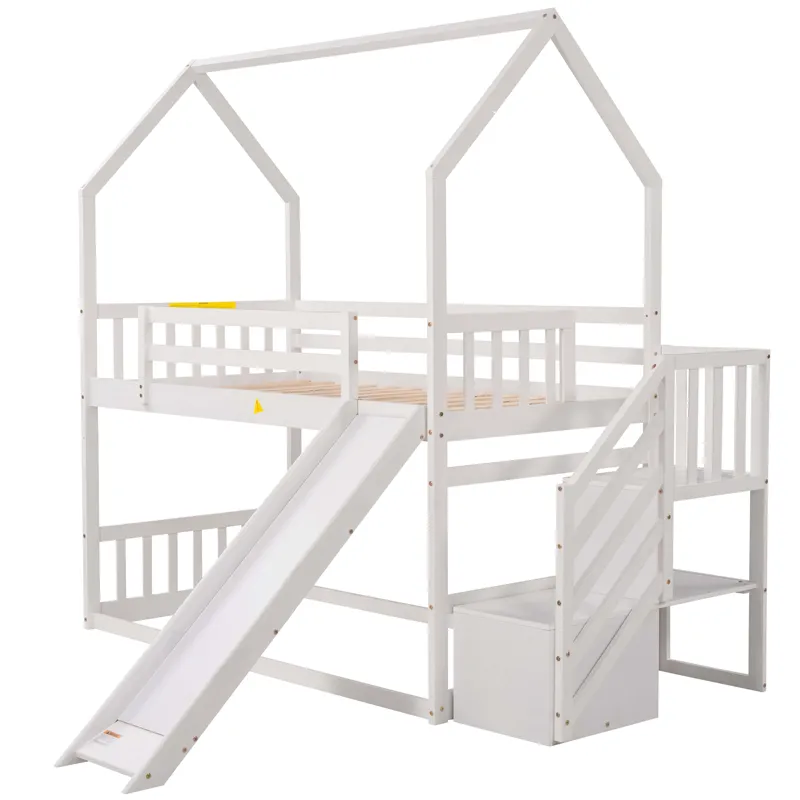 Twin Over Twin House Bunk Bed With Convertible Slide, Storage Staircase - White