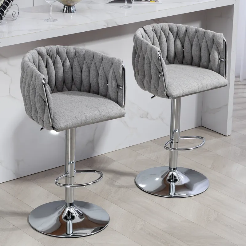 360 Degree Swivel Bar Stools Adjustable Counter Height Bar Chairs With Woven Back & Footrest, Silver