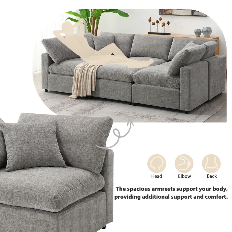 Modern Modular Cloud Sofa Bed, 6 Seat Chenille Sectional Couch Set With Ottoman, Free Combination, C