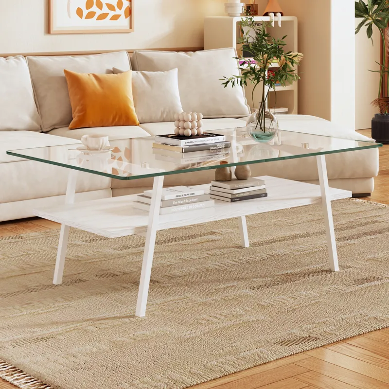 Rectangle Coffee Table, Tempered Glass Tabletop With Metal Legs, Modern Table For Living Room - Tran