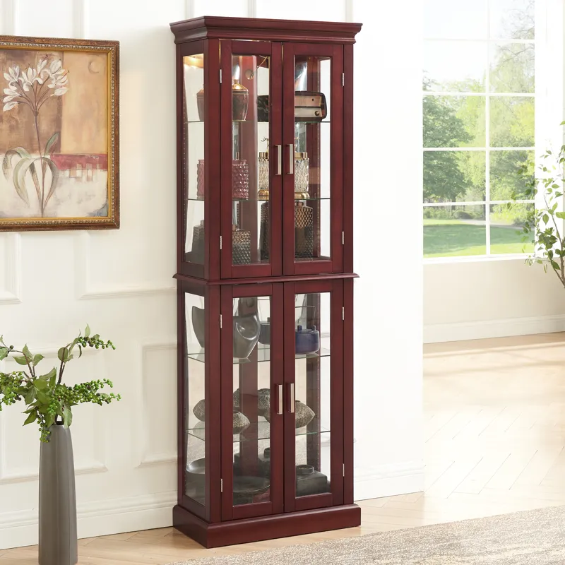 Curio Cabinet Lighted Curio Diapaly Cabinet With Adjustable Shelves And Mirrored Back Panel, Tempere
