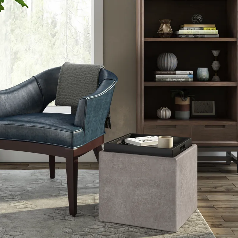 Rockwood - Cube Storage Ottoman with Tray - Distressed Grey Taupe