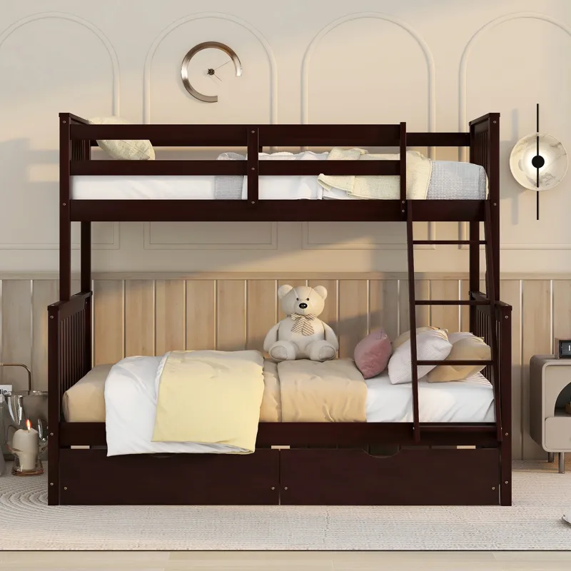 Twin Over Full Bunk Bed With Ladders And Two Storage Drawers - Espresso