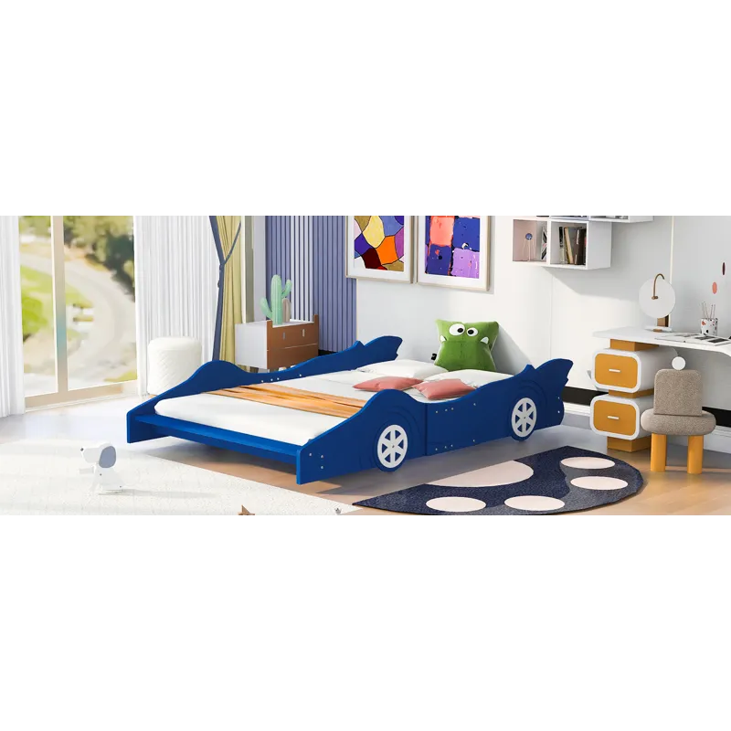 Full Size Race Car-Shaped Platform Bed With Wheels - Blue