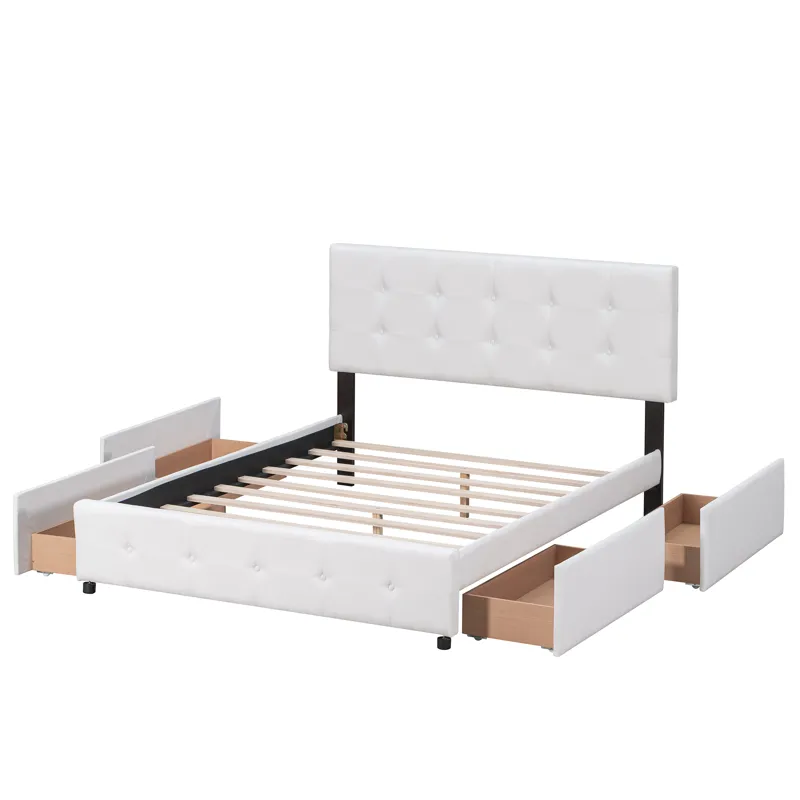 Queen Size Upholstered Platform Bed With Classic Headboard And 4 Drawers, No Box Spring Needed - Whi