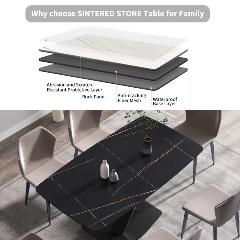63\" Artificial Stone Black Curved Black Metal Leg Dining Table - Black