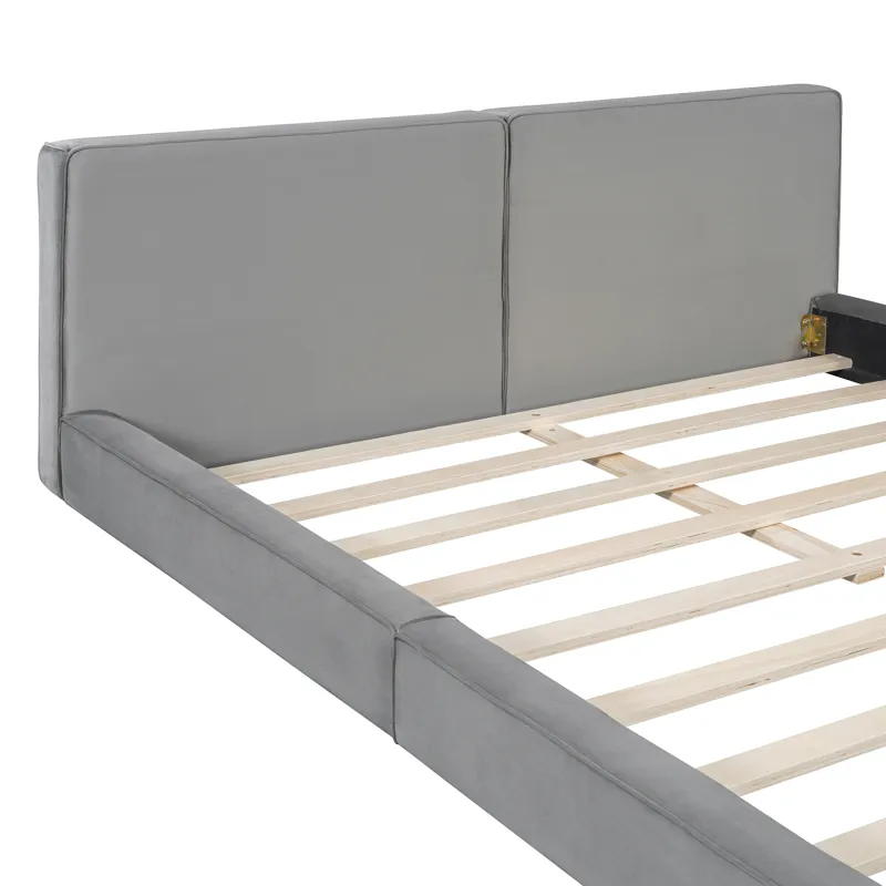Queen Size Upholstered Platform Bed With , Grounded Bed With Solid Frame - Gray