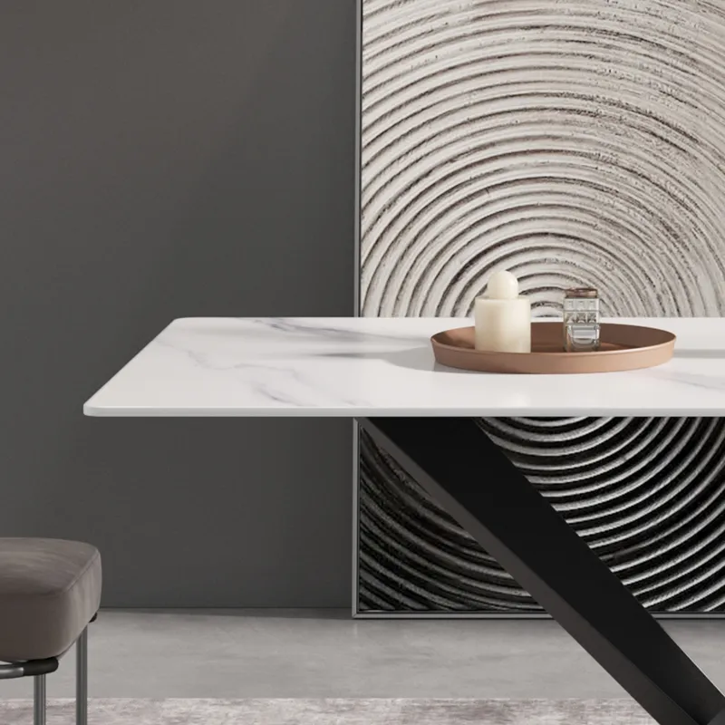 63\" Modern Artificial Stone Straight Edge Metal X-Leg Dining Table, 6 People - White / Black