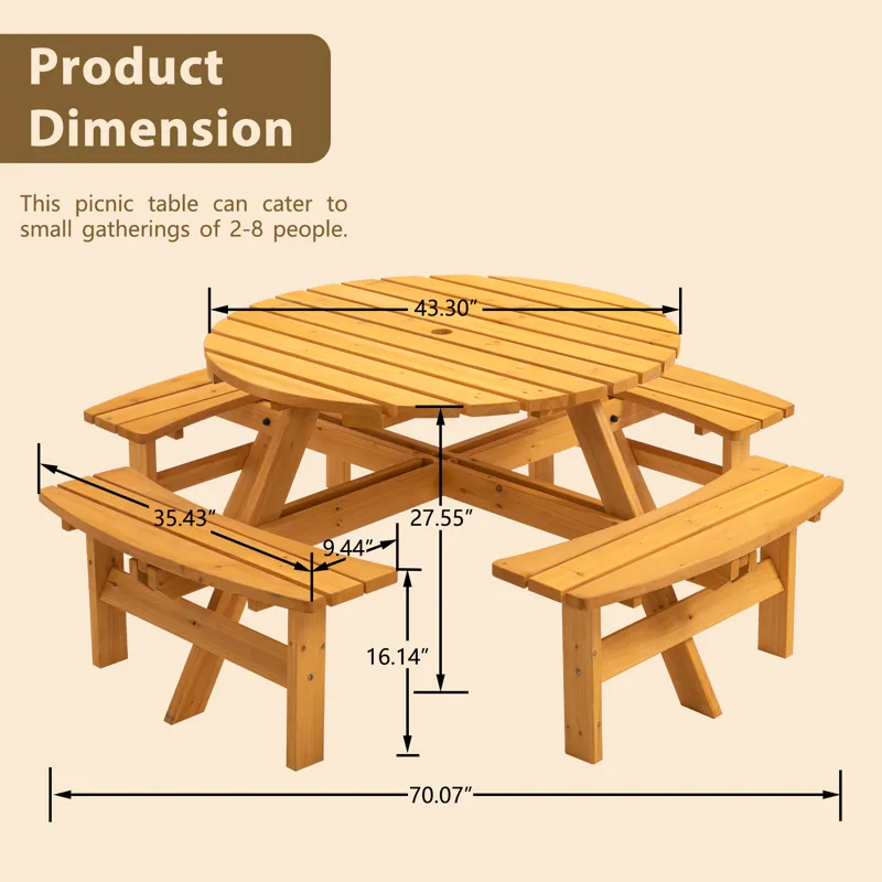 8 Person Wooden Picnic Table, Outdoor Camping Dining Table With Seat, Garden, Diy With 4 Built-In Be