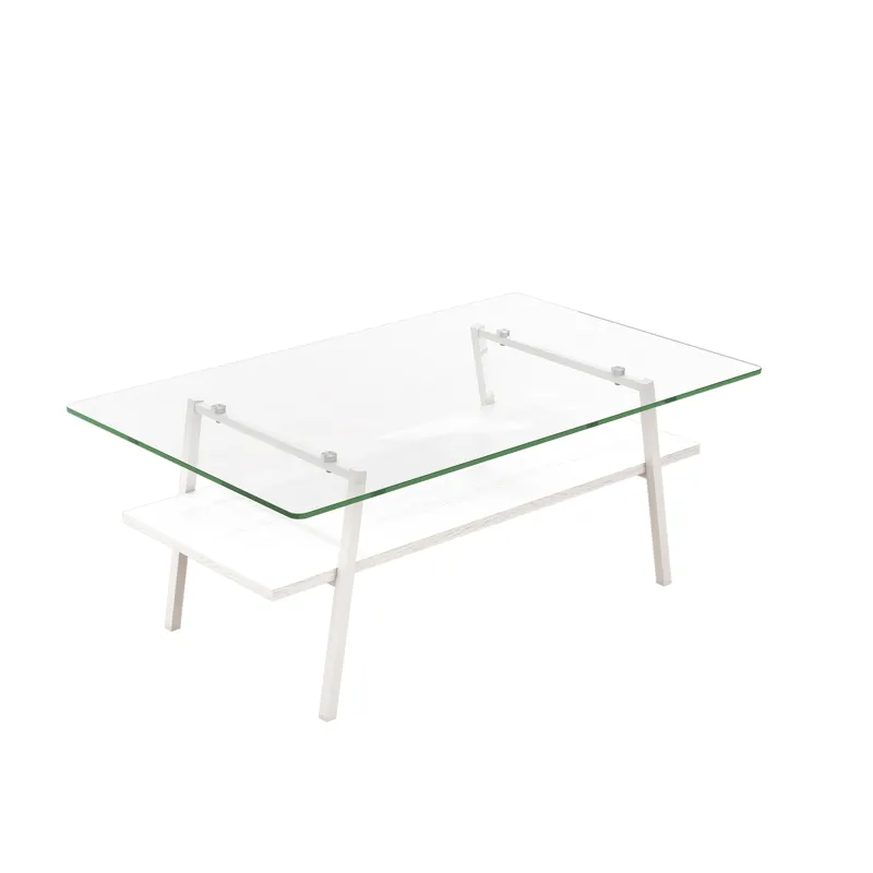 Rectangle Coffee Table, Tempered Glass Tabletop With Metal Legs, Modern Table For Living Room - Tran